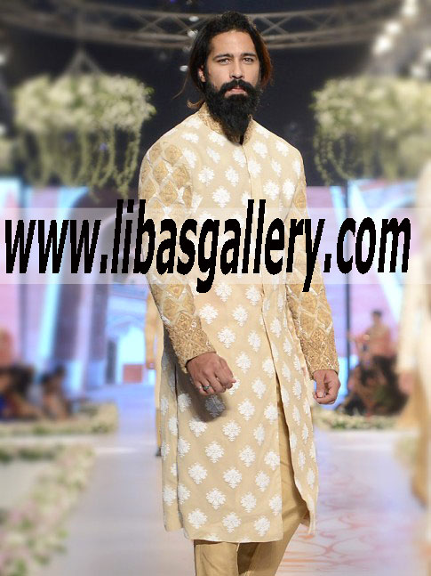 hsy beige color gold antique hand embellished wedding sherwani design for nikah barat mehndi groom custom made with pajama uk usa dubai saudi arabia hsy beige color gold antique hand embellished wedding sherwani design for nikah barat mehndi groom custom made with pajama uk usa dubai saudi arabia